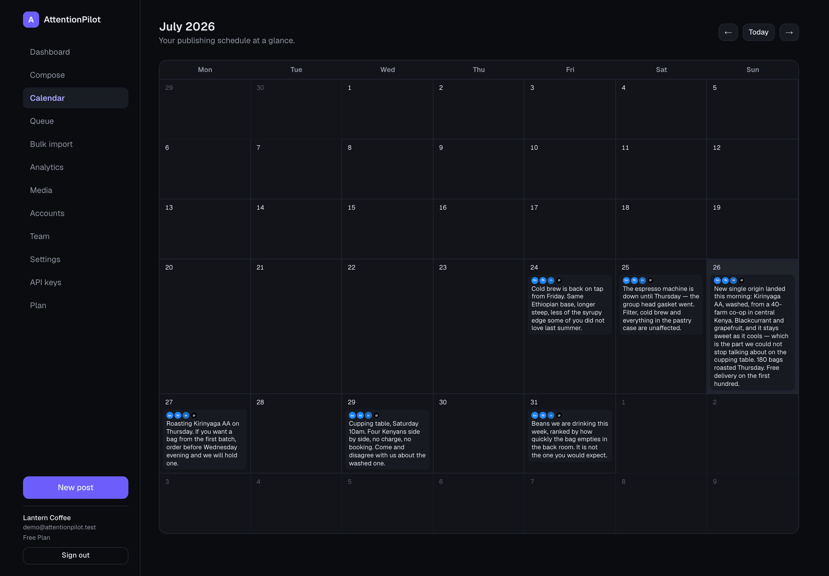The month calendar, with published posts on past days and scheduled ones ahead, each showing which networks it goes to.