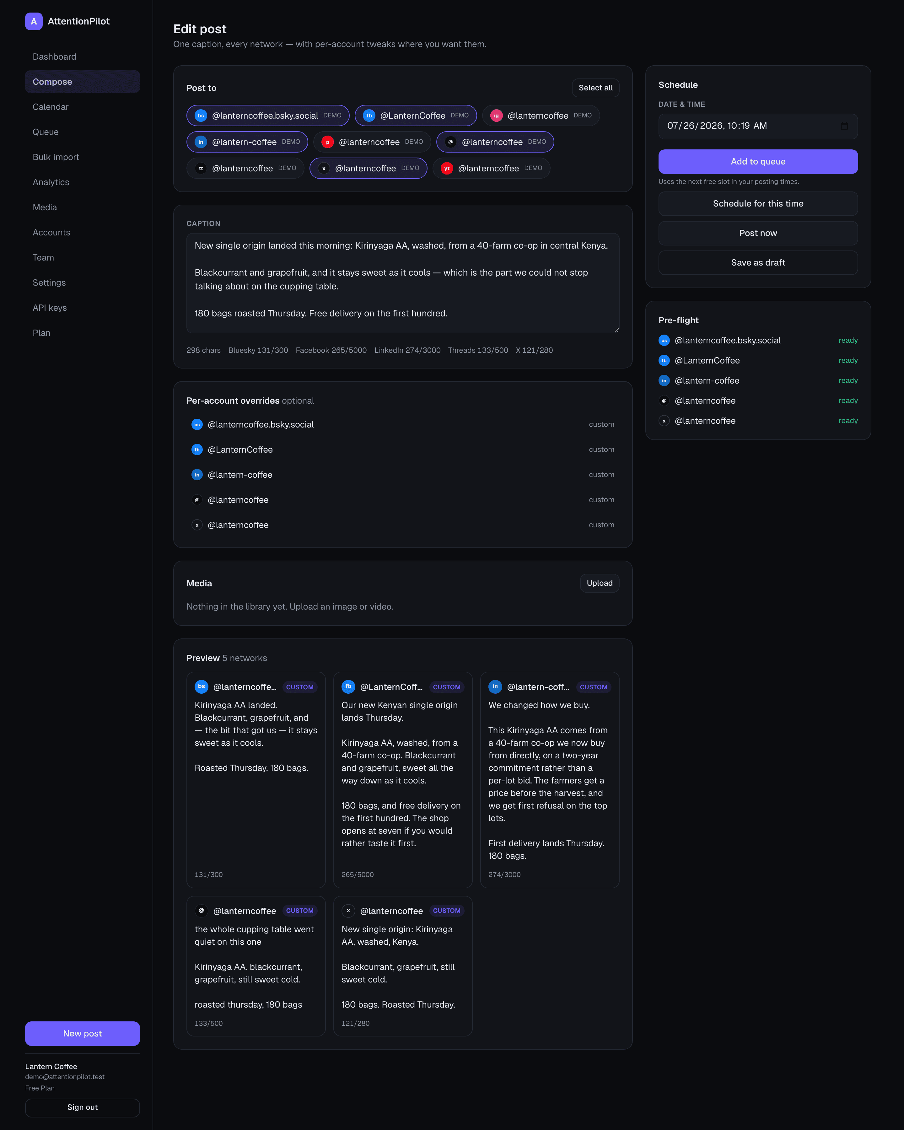 The composer: the caption, the five selected networks, per-account overrides, and a pre-flight check listing each network as ready.