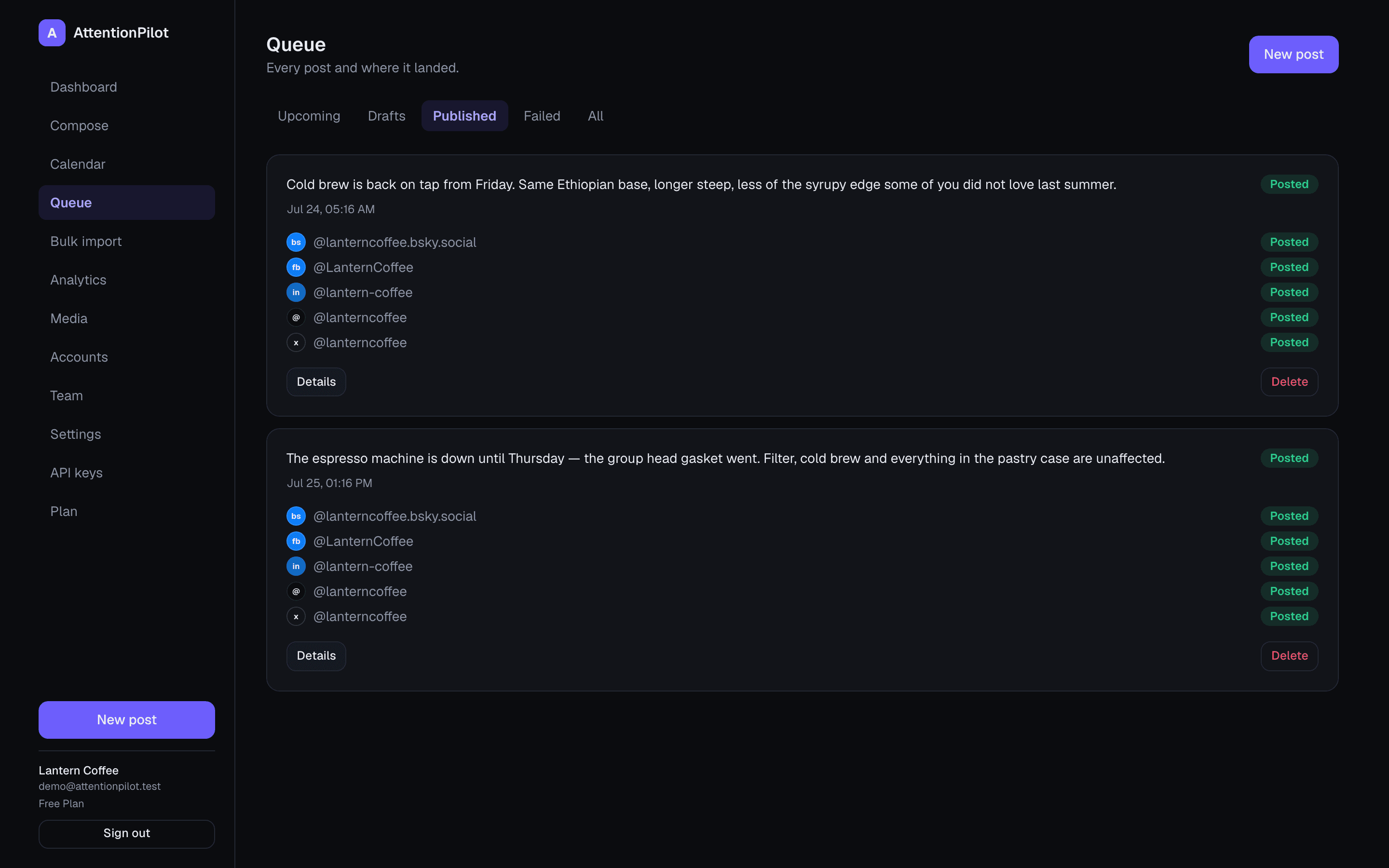 The published tab: one row per network under each post, each carrying its own delivery status.